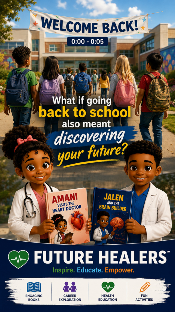 Future Healers back-to-school poster: What if going back to school also meant discovering your future? Amani and Jalen hold their books. Inspire. Educate. Empower.